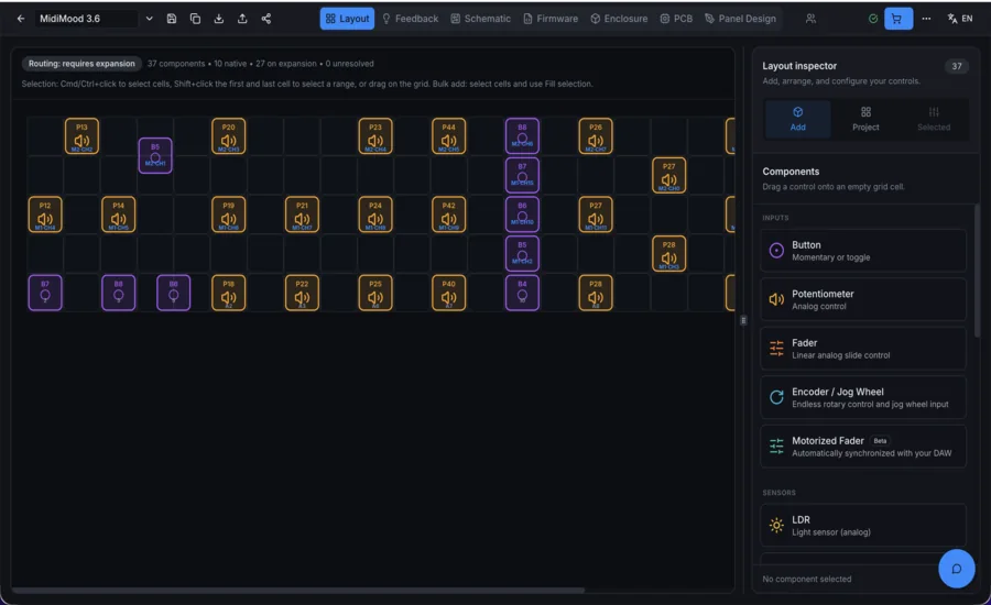 Tela do MIDI Controller Builder com a interface de projeto de controladores